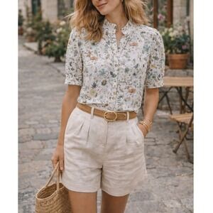 LaRoque NWT Gia Top Floral Ruffle Neck Puff Sleeve Blouse White Multi- M